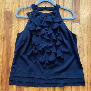 Black High Neckline Tank Top with Ruffles